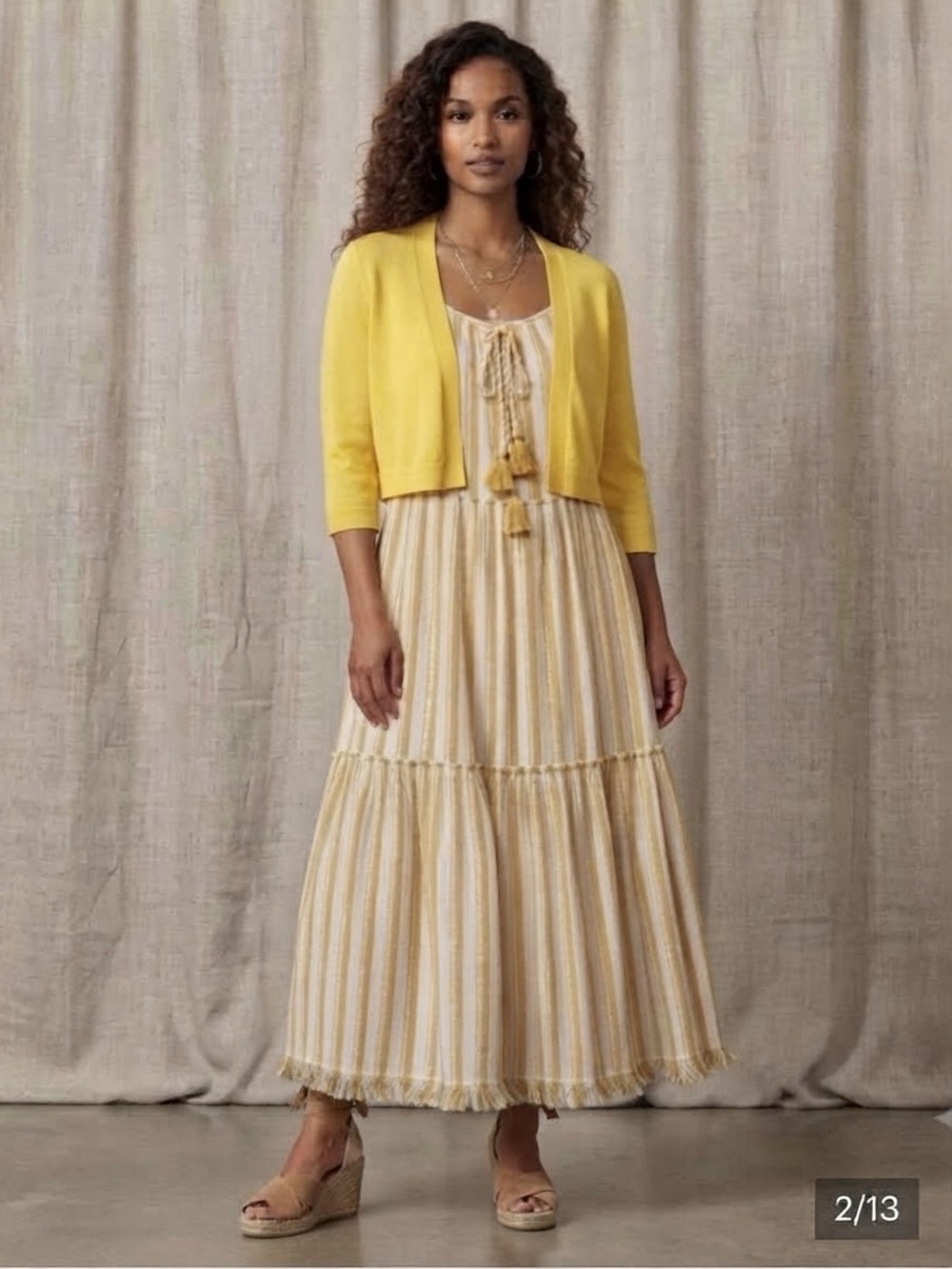 blue island Mustard and White Striped Tiered Tassel Maxi Dress